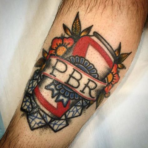 PBR Can buzzed out by Jaes Bidwell.  #tattoo #beertattoo #PabstBlueRibbon #oldschooltattoo #beertattoo #fremantle Pbr Tattoo Beer, Pabst Blue Ribbon Tattoo, Deployment Tattoos, Traditional Beer Tattoo, Pbr Tattoo, Beer Can Tattoo, Funny Traditional Tattoos, Blue Ribbon Tattoo, Wisconsin Tattoo