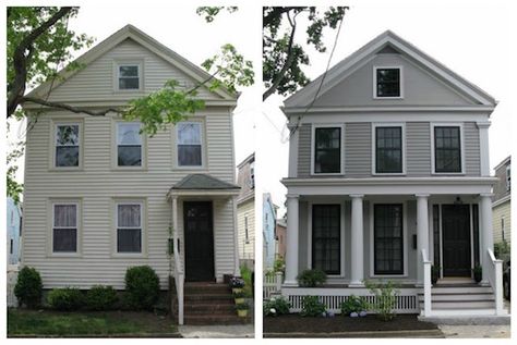 Stunning Front Porch Addition Adds Great Appeal; Visit my blog to see the other 7 homes. Exterior Renovation Before And After, Greek Revival Exterior, Exterior Remodel Before And After, Exterior House Renovation, Concrete Stain, Urban Cottage, Porch Addition, Home Exterior Makeover, Exterior Renovation