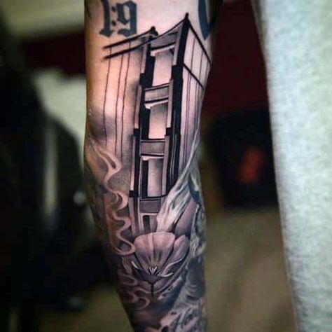 60 Golden Gate Bridge Tattoos For Men - San Francisco Ink Ideas Golden Gate Bridge Tattoo, Historical Tattoos, San Francisco Tattoo, Bridge Tattoo, California Tattoo, Knight Tattoo, Skull Sleeve Tattoos, Skull Sleeve, Iconic Beauty