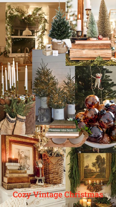 Classic Cottage Christmas, Vintage Woodland Christmas, Christmas Decor Mood Board, Decorate For Winter After Christmas, Cozy Vintage Christmas Decor, Vintage Cottage Christmas Decor, Old World Christmas Decor Ideas, Moody Vintage Christmas, Cottage Christmas Aesthetic