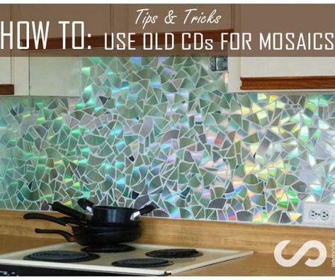 Diy Kitchen Backsplash, Cd Mosaic, Kitchen Design Diy, Backsplash Diy, Old Cd, Recycled Cds, Old Cds, Mosaic Backsplash Kitchen, Herringbone Backsplash