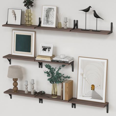 PRICES MAY VARY. 【Versatile Floating Shelves】- Unleash your inner designer! With our uniquely designed metal triangular brackets, the possibilities are endless. These brackets can be installed on the top or bottom of the shelf, offering flexibility in arrangement. With their clean and tidy appearance, they bring a touch of natural beauty to any space. 【Multi-Purpose Shelves】- Our floating wall shelves are the perfect addition to any room in your home. Whether it's the kitchen, living room, bedro What To Put On Shelves In A Bedroom, Wall Shelving Ideas, Hanging Wall Storage, Shelf For Wall, Storage For Bathroom, Sleek Interior, Black Bedroom Design, Rustic Wall Shelves, Floating Shelf Decor