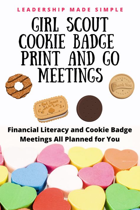 Girl Scout Cookie Badge and Financial Literacy Badge Print and Go Meetings Girl Scout Cookie Meeting Activities, Girl Scout Cookie Rally Activities 2024, Cadette Cookie Badge Ideas, Cookie Badges Girl Scouts, My Cookie Customers Brownie Badge, Daisy Girl Scout Cookie Activities, Daisy Cookie Goal Setter Badge, Brownie Cookie Decision Maker Badge, My Cookie Customers Badge