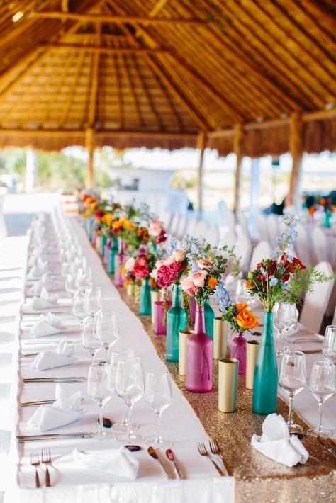 Colorful Beach Wedding, Destination Wedding Details, Beach Wedding Decorations Reception, Best Destination Wedding, Beach Wedding Centerpieces, Tafel Decor, Boda Mexicana, Wedding Of The Year, Rainbow Wedding