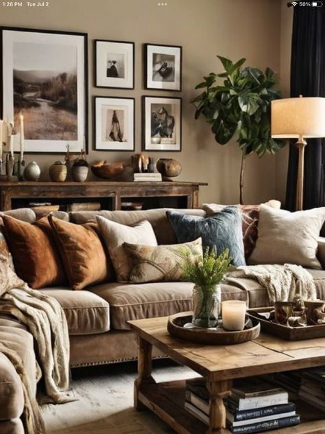 Distressed Leather Sofa, Brown Sofa Living Room, Living Room Transformation, Cosy Living, Room Transformation, Brown Sofa, Wooden Coffee Table, Cozy Living Rooms, Rustic Elegance