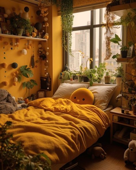 Yellow Walls Room Aesthetic, Yellow And Orange Bedroom Ideas, Earthy Yellow Bedroom, Yellow Room Inspiration, Yellow Apartment Aesthetic, Aesthetic Bedroom Yellow, Yellow Wall Room Aesthetic, Yellow Room Design, Orange Green Decor