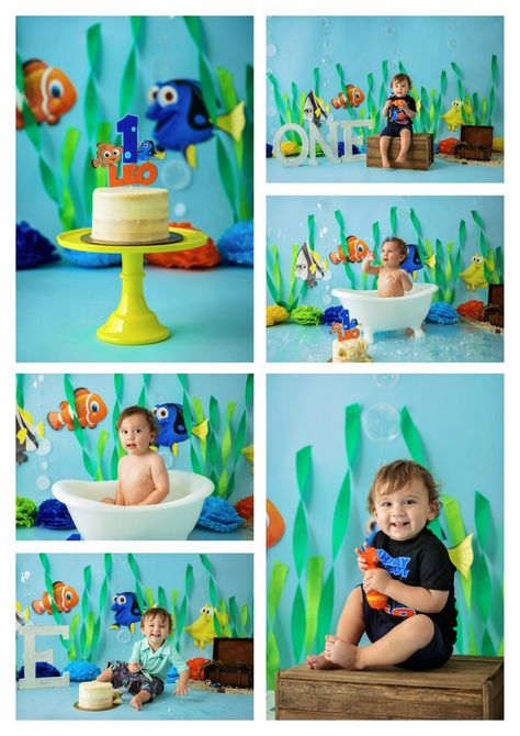 Finding Dory Smash Cake Ideas, Finding Nemo Birthday Photoshoot, 2nd Birthday Nemo Theme, Finding Nemo Photoshoot, Finding Nemo Cake Smash, Finding Nemo First Birthday Cake, Nemo Photoshoot, Finding Nemo First Birthday Boy, Nemo First Birthday Party