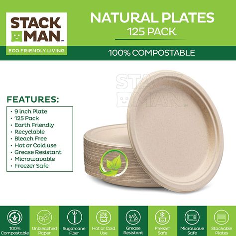 Amazon.com: 100% Compostable 9 Inch Paper Plates [125-Pack] Heavy-Duty Plate, Natural Disposable Bagasse Plate, Eco-Friendly Made of Sugarcane Fibers - Natural Unbleached Brown 9" Biodegradable Plate by Stack Man : Health & Household Compostable Utensils, Natural Plates, Full Meals, Food Plates, Disposable Bowls, Restaurants Food, Disposable Plates, Square Plates, Eco Friendly Living