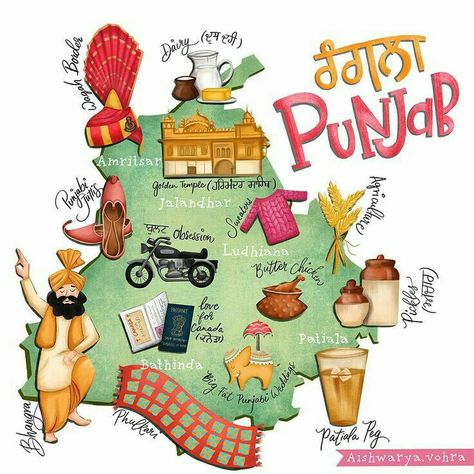 Poo 👑 Punjabi Sabhyachar Poster, Punjabi Project File, Punjabi Culture Drawing, Vriddhi Patwa, Indian Illustration Culture, India Map Illustration, Punjab Map Logo, Punjab Illustration, Punjabi Culture Art