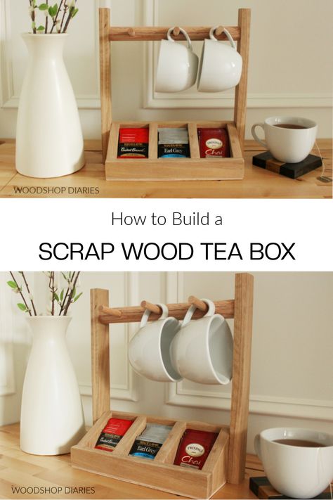 DIY Tea Storage Box with Mug Holder Wood Tea Organizer, Wood Mug Holder, Diy Tea Box Storage, Wooden Tea Box Diy, Wooden Tea Box Ideas, Wooden Mug Holder, Tea Storage Diy, Diy Tea Holder, Tea Box Ideas