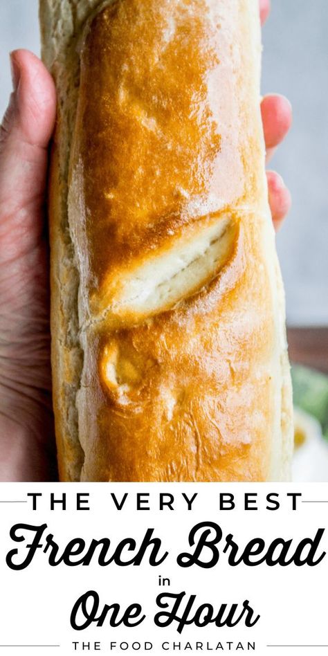 One Hour French Bread from The Food Charlatan. This delicious yeasty French bread recipe has only one 20-minute rise before going into a screaming hot oven for another 20 minutes. At the end you have golden crusty goodness just waiting to be slathered in butter or dipped in oil and balsamic! One hour, I promise!! #french #bread #homemade #easy #ideas #baguette #quick Bread Homemade Easy, French Baguette Recipe, Easy French Bread Recipe, Crusty Bread Recipe, Italian Bread Recipes, Homemade French Bread, Baguette Recipe, The Food Charlatan, French Bread Recipe