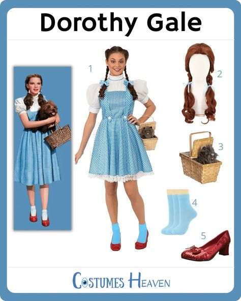 Dorothy Gale Costume For Cosplay & Halloween 2024 Dorthy Costume Women Diy, Dorothy Wizard Of Oz Costume Diy, Broadway Themed Party Outfit, Wizard Of Oz Outfit Ideas, Dorothy Makeup Wizard Of Oz, Diy Dorothy Costume For Women, Dorthy Costume Women, Diy Dorthy Costume, Dorthy Wizard Of Oz Costume