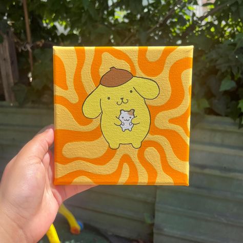 pompompurin ✨ - $20 + free shipping - 6x6 stretched canvas - sealed with varnish for extra protection! this piece will be available to buy on my etsy this coming monday but feel free to message me if interested to purchase 💘 - #art #artist #paint #painting #canvas #stretchedcanvas #smallbusiness #sanrio #sanrioart #pompompurin #explorepage 6 By 6 Canvas Painting, Painting Ideas On Canvas Sanrio, Pompompurin Painting, Sanrio Painting Ideas, Sanrio Painting, Things To, Baby Canvas, Hippie Painting, Diy Canvas Wall Art