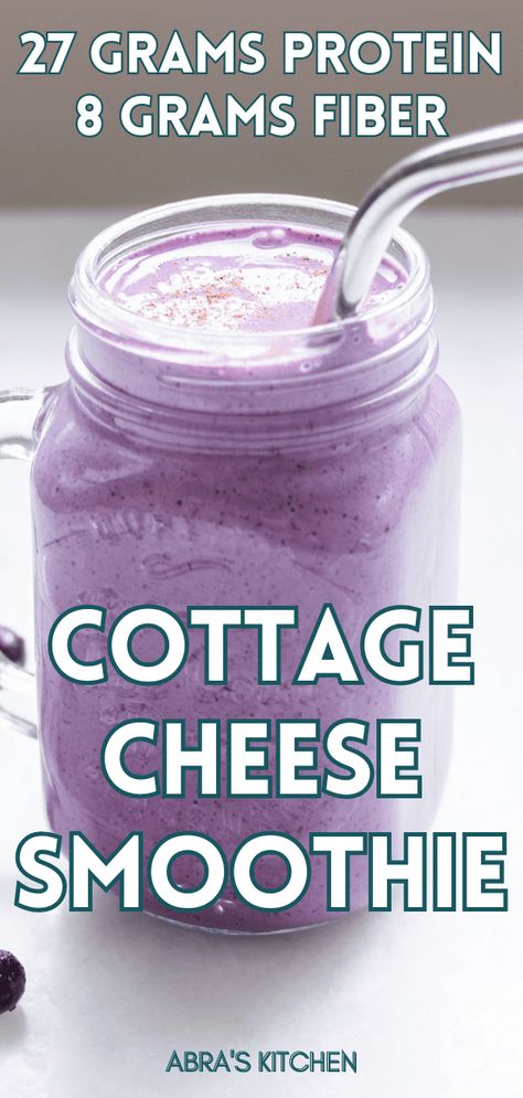 High Protein Smoothies With Powder, Smoothies With Cottage Cheese Healthy, Protein Shake With Cottage Cheese, Blueberry Cottage Cheese Smoothie, Cottage Cheese And Chia Seeds, Cottage Cheese Shake, Cottage Cheese And Blueberries, Cottage Cheese Protein Shake, Smoothie Protein Recipes