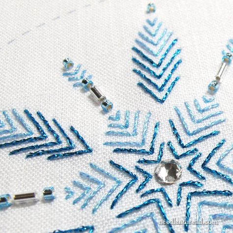 Weekend Stitching: A Few Flakes Down, Two to Go – NeedlenThread.com Ice Embroidery, Snow Nutcracker, Snowflakes Embroidery, Embroidered Christmas Ornaments, Snowflake Embroidery, Hand Work Design, Applique Stitches, Zardozi Embroidery, Snow Flakes Diy