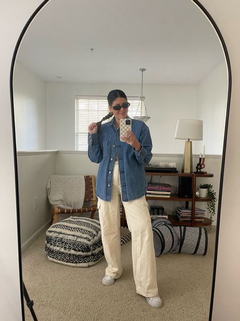 Casual spring outfit idea—cream cargo pants, denim shirt, sneakers, gold jewelry Cargo Pants Denim, Cream Pants Outfit, Denim Pants Outfit, Cream Cargo Pants Outfit, Cream Cargo Pants, Spring Outfit Idea, Casual Spring Outfit, Cream Pants, Cargo Pants Outfit