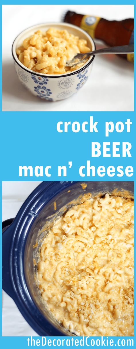 crock pot beer mac and cheese -- super creamy and delicious EASY slow cooker recipe for macaroni and cheese with beer Mac And Cheese Simple, Mac N Cheese Crockpot, Recipes With Beer, Beer Mac And Cheese, Crockpot Mac N Cheese Recipe, Crockpot Mac And Cheese, Mac And Cheese Recipes, Crock Pot Dinners, Pot Dinners