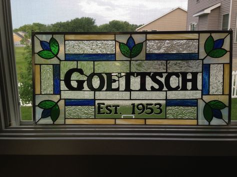 Just finished this for anniversary gift. 60 years! Awesome. Stained Glass Name Signs, Stained Glass Sign, Glass Signs, Diy Stained Glass Window, Leaded Glass Windows, Mosaic Art Projects, Stained Glass Paint, Stained Glass Window Panel, Stained Glass Diy