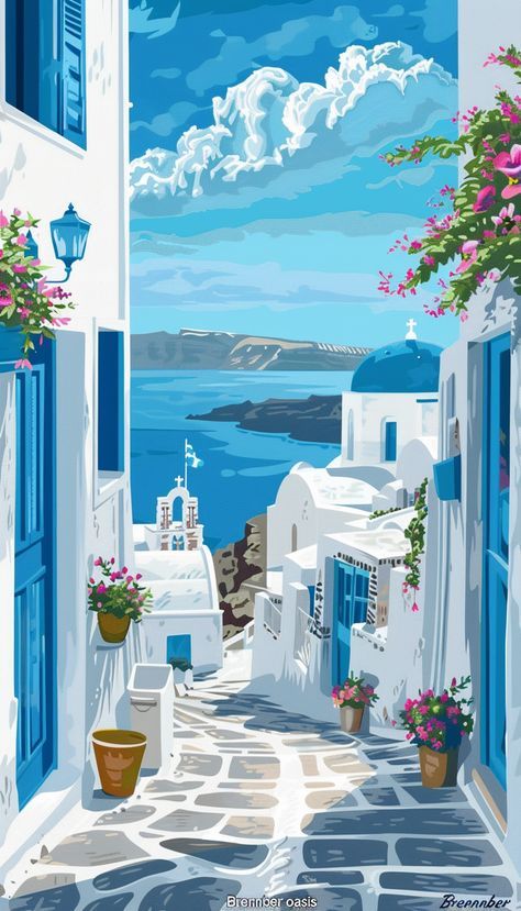 Santorini Greece Drawing, Coastal Inspired Art, Greece Wallpaper, Orange Poster, Greece Painting, The Deep Blue Sea, Coastal City, New York Poster, Deep Blue Sea