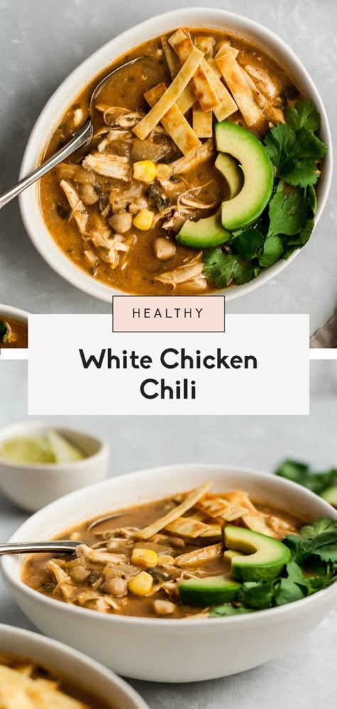 Healthy white chicken chili that's easy and dairy free. Made with green chile, chicken, corn and blended chickpeas to make it creamy. A new family favorite recipe! Serve with avocado, tortilla chips and cilantro. #chilirecipe #healthychili #mealprepping #glutenfreerecipe #chickenrecipe #weeknightdinner #familydinner Healthy White Chicken Chili, White Chicken Chili Healthy, Slow Cooker Black Beans, White Chicken Chili Recipe, Healthy Chili, White Chili Chicken Recipe, Chili Soup, Chicken Chili Recipe, White Chicken Chili