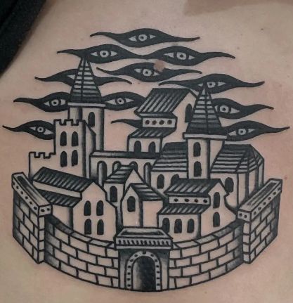 Backpiece Tattoo, Woodcut Tattoo, Traditional Tattoo Old School, Castle Tattoo, Patriotic Tattoos, Traditional Tattoo Sleeve, Flash Tattoo Designs, Getting A Tattoo, Old School Tattoo Designs