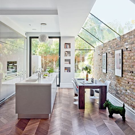 21 Galley kitchen ideas that work for spaces of all sizes Open Kitchen And Dining, Devol Kitchens, Vintage Industrial Design, Glass Extension, House Extension Design, Extension Designs, Kitchen And Dining Room, Victorian Terrace, Kitchen Extension