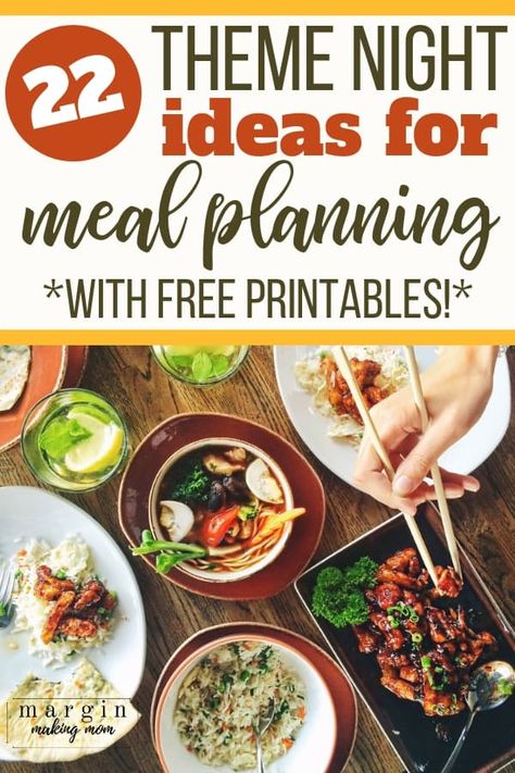 Need help creating a simple weekly menu? Try using meal plan theme nights for dinner! When you create a themed meal plan, it's easy to come up with meal ideas. Click through to get your free printable themed meal planning kit! Dinner Menu Planning, Dinner Planning Weekly, Theme Nights, Plane Food, Meal Planning Menus, Food Budget, Meal Planning Printable, Easy Meal Plans, Low Fat Diets