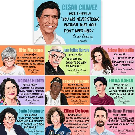 PRICES MAY VARY. PACKING LIST: Includes 10 posters made of high quality materials featuring 10 Hispanic celebrities. Material:These posters are made from the finest quality paper, which is reusable and crease-resistant. Size:This Hispanic heritage month poster measures 11.8×7.6inches.(30×20cm) Purpose:These educational posters are perfect for homeschooling, high school and middle school. This set of hispanic heritage month quotes wall art will make great hispanic history posters for classrooms a National Hispanic Heritage Month Ideas, Board Decorations For School, Hispanic Heritage Month Decorations, Hispanic History Month, Hispanic Heritage Month Bulletin Board, Decorations For School, Month Decorations, Work Mindset, English Day