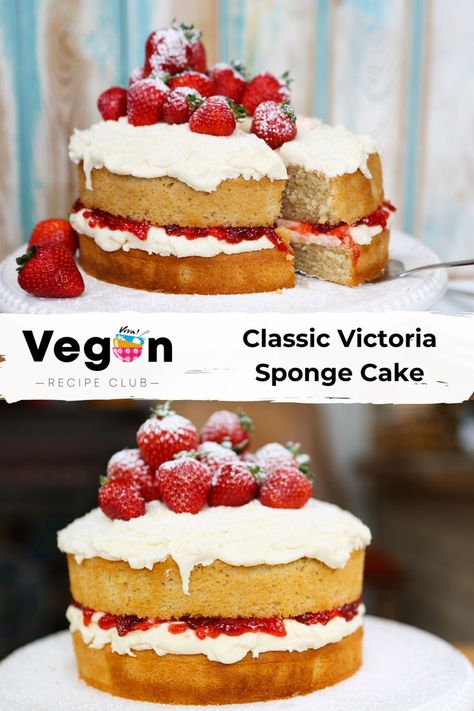 A Victoria sponge cake with 2 layers of vanilla sponge, lots of cream and jam in the middle and lots of buttercream and fresh strawberries on top. Vegan Sponge Cake, Victorian Sponge, Victoria Sponge Cake Recipe, Vegan Victoria Sponge, Vegan Pies Recipes, Cake With Berries, Berries And Cream, Kosher Cooking, Sponge Cake Recipe