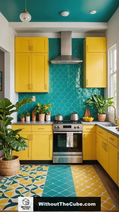 Revitalize your kitchen with bold colors and patterns. A thoughtful remodel can transform a dull space into a vibrant area, incorporating colorful tile backsplashes and modern fixtures. Discover how these design elements not only enhance visual appeal but can also significantly improve the functionality of your kitchen. Explore the possibilities. #HomeDecor #KitchenDesign #ColorAndPattern #EclecticStyle #ModernHome #HomeInspiration Bright Colourful Kitchen Ideas, Colorful Small Kitchen, Teal And Yellow Kitchen, Yellow Backsplash Kitchen, Colourful Kitchen Ideas, Mexican Inspired Kitchen, Color Tile Backsplash, Kitschy Kitchen Decor, Eclectic Kitchen Decor