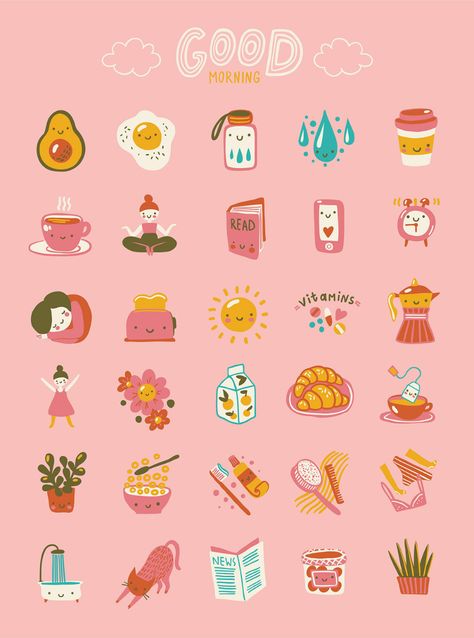 Morning Routine - Elements&Patterns on Behance Morning Routine Illustration, Routine Illustration, Canvas Elements, The Perfect Morning Routine, Perfect Morning Routine, Morning Activities, Perfect Morning, Morning Ritual, Be Successful