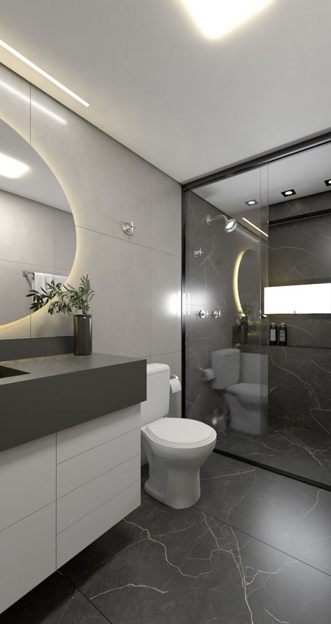 Banheiro Masculino | Bamheiro Preto | Box piso teto Projeto: Duda Volpe Mini Bathroom Ideas, Washroom Tiles Design, Monochrome Bathroom, Toilet And Bathroom Design, Bathroom Design Black, Small Space Bathroom, Washbasin Design, Bathroom Inspiration Modern, Washroom Design