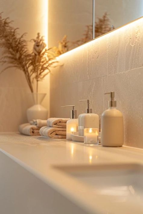 How To Decorate With Beige Bathroom Fixtures: Style Tips Cream Bathrooms Traditional, Neutral Bathroom Gold Fixtures, Beige Wall Bathroom Ideas, Accessories For Beige Bathroom, Beige Bathroom Accessories, Beige Bathroom Aesthetic, Sand Coloured Bathroom, Neutral Warm Bathroom, Beige Aesthetic Bathroom