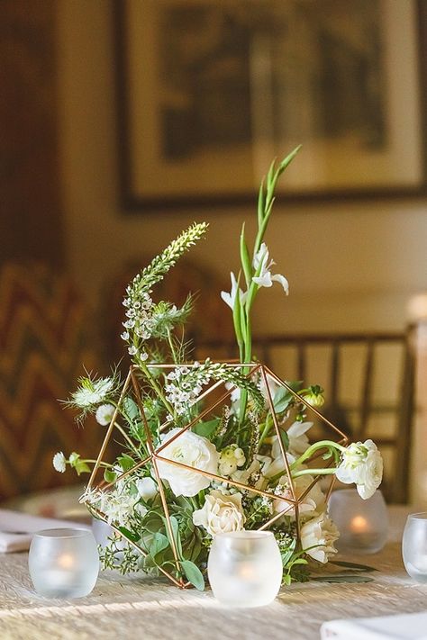 Geometric Floral Centerpiece, Vmfa Wedding, Plum Wedding Centerpieces, Geometric Wedding Decor, Wildflower Centerpieces, Geometric Centerpiece, Dark Stained Wood, Plum Wedding, Geometric Table