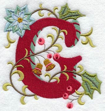 Jacobean Christmas Letter G - 5 Inch design (G7439) from www.Emblibrary.com Library Embroidery, Freestanding Lace Embroidery, Holiday Greenery, Embroidery Alphabet, Christmas Alphabet, Christmas Letter, Monogram Pillows, Holiday Flower, Monogram Alphabet