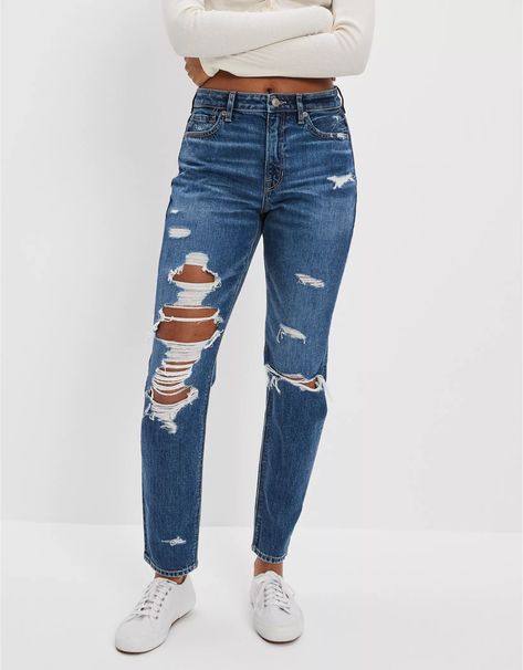 AE Strigid Ripped Mom Jean American Eagle Jeans Women, Dream Wishlist, Rip Mom, American Eagle Mom Jeans, Candle Pedestal, Ripped Mom Jeans, Distressed Mom Jeans, Comfy Clothes, High Waisted Mom Jeans