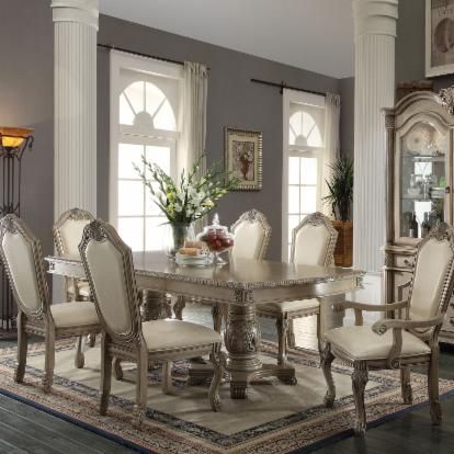 Acme Furniture Chateau de Ville Double Pedestal Dining Table | Hayneedle Formal Dining Room Sets, White Pedestal, Double Pedestal Dining Table, Luxury Dining Tables, White Buffet, White Dining Table, Formal Dining Tables, 7 Piece Dining Set, Kitchen Table Settings