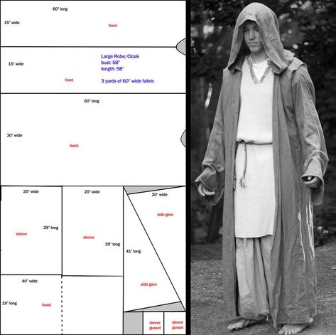 Hooded Cloak Pattern, Jedi Cloak, Cloak Pattern, Jedi Robe, Costume Viking, Jedi Costume, Larp Costume, Star Wars Costumes, Hooded Robe