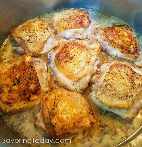 This Stone Ground Mustard-Braised Chicken recipe is one of those fail-proof dishes that make you look good without having to overthink it. Bone-in chicken thighs braised in white wine and stone ground mustard with a touch of cream is easy enough for weeknight dinners and nice enough to impress company. Recipe includes 5 Tips for Fail-Proof Sauces. #chickendinner #chickenrecipe #cleaneating #sauces #easyrecipes Stone Ground Mustard Chicken, Stone Ground Mustard Recipe, Ground Mustard Recipes, Mustard Recipes, Stone Ground Mustard, Mustard Chicken Thighs, Mustard Cream Sauce, Mustard Chicken Recipes, Braised Chicken Thighs