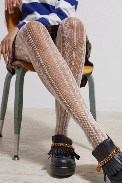 Semi-sheer tights from UO topped in a soft heart-style pointelle knit. #tights College Wardrobe, Cute Tights, Knit Tights, People Clothes, Patterned Tights, Fall Winter Wardrobe, Sheer Tights, Girl Fits, Socks And Tights