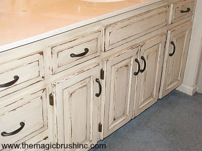 Verrryyyy Distressed Cabinets Painted Farmhouse Kitchen Cabinets, Distressed Painted Kitchen Cabinets, Antique Painted Cabinets, Aged White Kitchen Cabinets, Distressed White Cabinets, White Washed Kitchen Cabinets, Farm Cabinets, Distressed Kitchen Cabinets Diy, Antiqued Cabinets