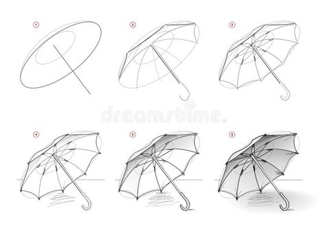 Page shows how to learn to draw sketch of open umbrella. Creation step by step pencil drawing. Educational page for artists. Textbook for developing artistic vector illustration Umbrella Drawing, Open Umbrella, Basic Drawing, Draw Sketch, Quality Pictures, Step By Step Drawing, Drawing Tips, Drawing Techniques, Pencil Drawing