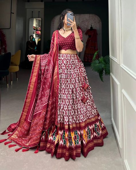 Price : 1500 #apex__outfit Celebrate in style with the opulent beauty of Tussar silk. Our lehenga choli is perfect for making unforgettable memories in classic elegance 🥰 Lehenga(Stitched) : Lehenga Fabric : Tussar Silk Lehenga Work : Ikkat Print With Foil Work Lehenga Waist : SUPPORTED UP TO 42 Lehenga Closer : Drawstring With Heavy Tassels and Zip Stitching : Stitched With Canvas and attached with Can Can Length : 41 Flair : 3.80 Meter Inner : Micro Cotton Blouse(Unstitched) : Blouse fa... Ikkat Print, Zip Stitching, Print Lehenga, Cotton Lehenga, Stitched Lehenga, Lehenga Designs Simple, Work Lehenga, Half Saree Designs, Can Can