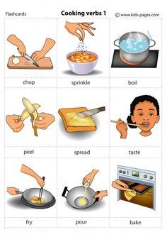 Cooking Verbs 1 flashcard Cooking Words, Cooking In Kindergarten, Kitchen Verbs, Cooking Verbs, Cooking Terms, English Learning Books, Kitchen Words, To Learn English, Learning English For Kids