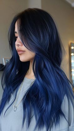 Blue Ombre Hair Straight, Navy Blue Ombre Hair, Blue Hair No Bleach, Hair For Blue Eyes, Blue Hair Balayage, Blue Straight Hair, Black Hair With Blue Highlights, Blue And Black Braids, Racer Fashion