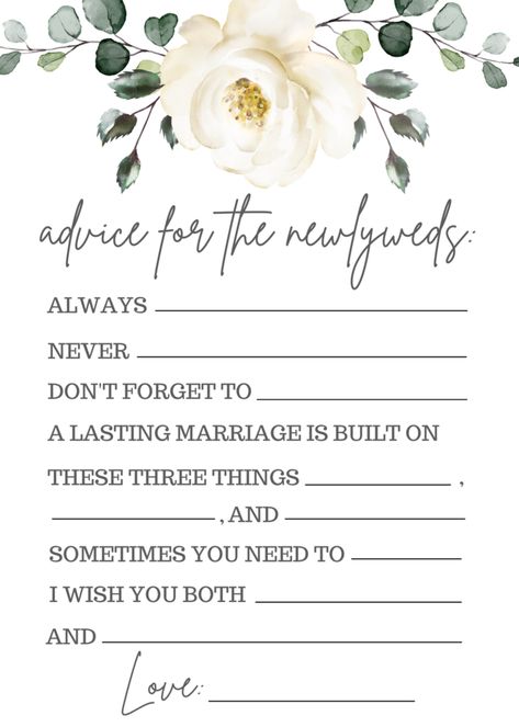 Advice For The Newlyweds, Bridal Shower Advice Cards, Bridal Party Games, Bridal Shower Advice, Bridal Shower Inspo, Wedding Advice Cards, Fun Bridal Shower Games, Bridal Shower Planning, Bride Shower