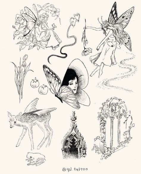 Delicate Vintage Tattoo, 18th Century Tattoo, 20s Tattoo Ideas, Fairyopolis Tattoo, Fine Line Sketch Tattoo, Ethereal Art Tattoo, Fairy Tale Tattoo Ideas, Pointism Tattoo, Victorian Inspired Tattoo