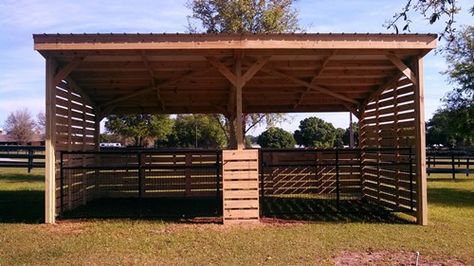 12x24 Horse Run-in Shelter Custom Designed for a Client in Ocala, FL.more Photos can be seen at MyEasyBarn.com Horse Run In Shelter, 12x24 Shed, Luxury Equestrian, Horse Shed, Livestock Shelter, Horse Farm Ideas, Diy Horse Barn, Horse Barn Ideas Stables, Loafing Shed