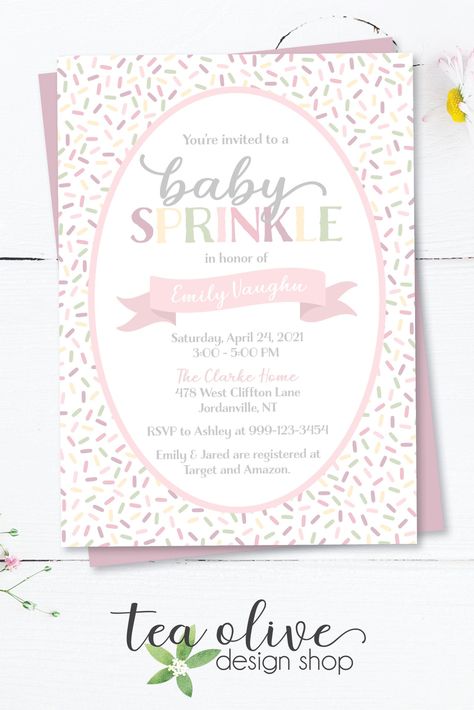 Baby Girl Sprinkle Shower Ideas, Sprinkle Baby Shower Girl, Traditional Baby Shower, Sunshine Baby Shower Invitations, Sprinkle Invite, Sprinkle Ideas, Olive Design