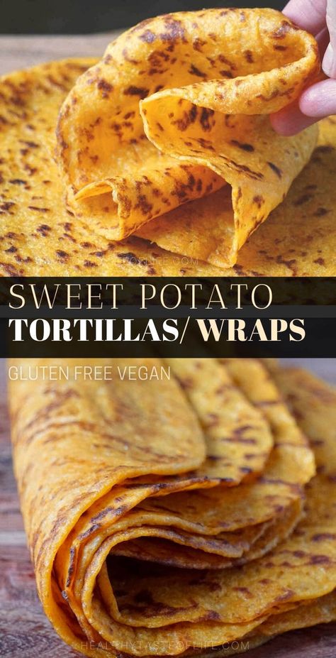 This sweet potato tortillas recipe features cooked mashed sweet potatoes mixed with flour and seasonings to form soft pliable gluten free tortillas that are also vegan friendly. These sweet potato tortillas can be enjoyed as side dish or finger food, you can make burritos, taquitos, quesadillas, tacos, wraps or roll-ups. #sweetpotatotortillas #sweetpotatowraps #glutenfreetortillas #glutenfreewraps #vegantortillas #veganwraps Sweet Potato Tortillas, Healthy Tortillas, Healthy Tortilla, Gluten Free Sweet Potato, Gluten Free Wraps, Cucumber Diet, Gluten Free Tortillas, Tacos Burritos, Tortilla Recipe